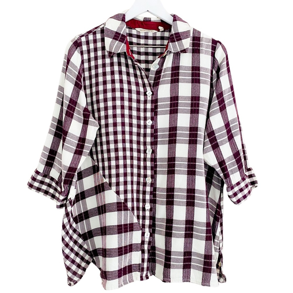 Soft Surroundings Burgundy & White Mixed Plaid Asymmetrical Tunic Blouse Large